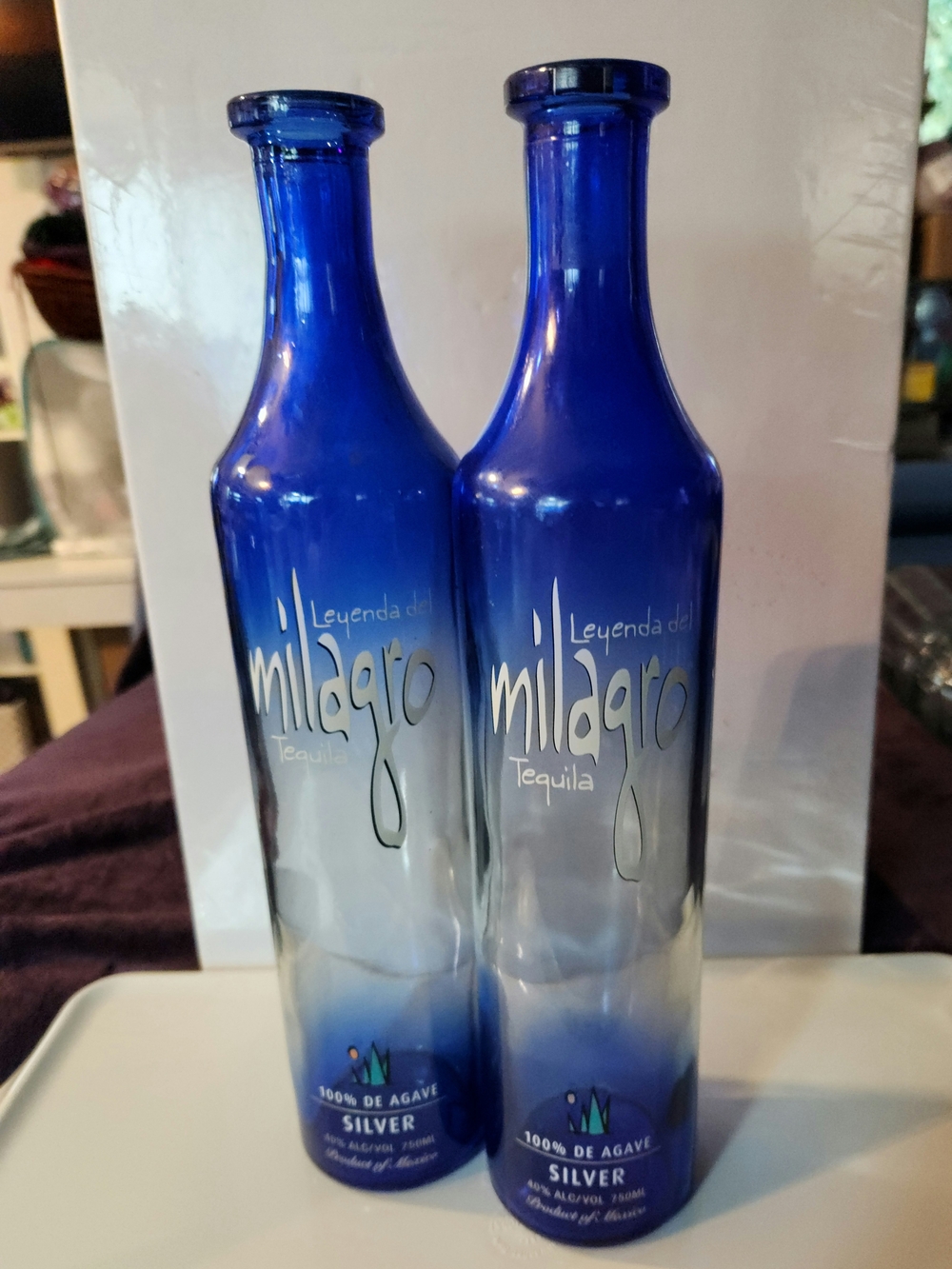Milagro Silver Tequila Empty Blue Glass Bottles - Set of 2